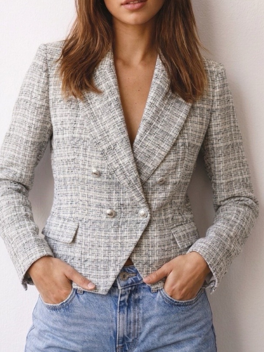 Zara Silver Button Double-Breasted Tweed Blazer - Light Gray Size XS